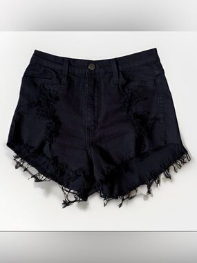 Vibrant MIU Black Distressed Denim Shorts Womens Large Frayed Hem Stretch USA